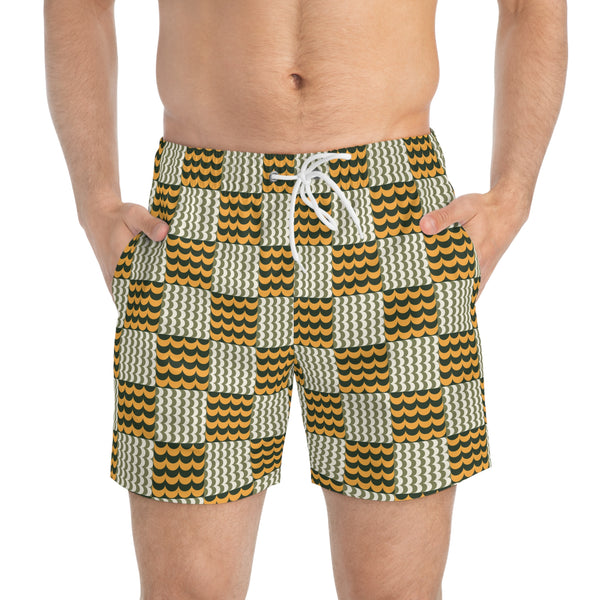 Wave Check Swim Trunks: Olive / Gold