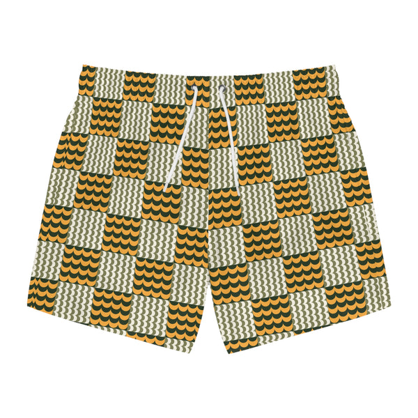 Wave Check Swim Trunks: Olive / Gold