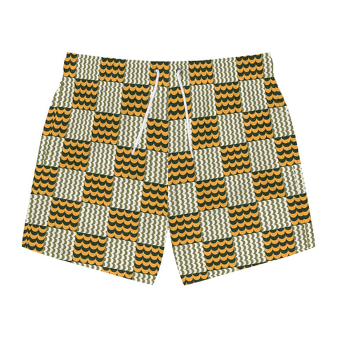 Wave Check Swim Trunks: Olive / Gold