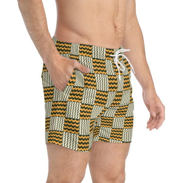 Wave Check Swim Trunks: Olive / Gold