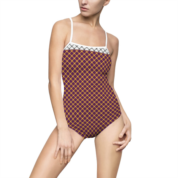 Retro Plaid One-Piece Swimsuit: Plum / White