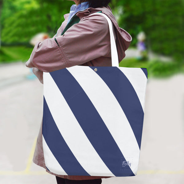 Caution Stripe Canvas Tote: Navy / White