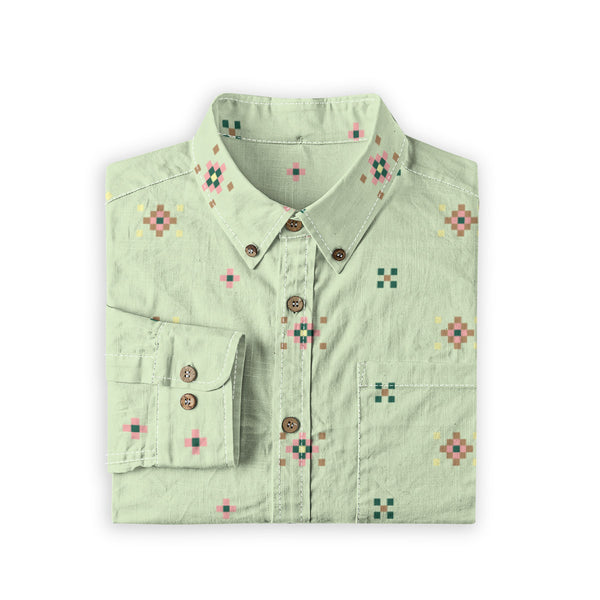 Geo Print Long Sleeve Shirt: Moss