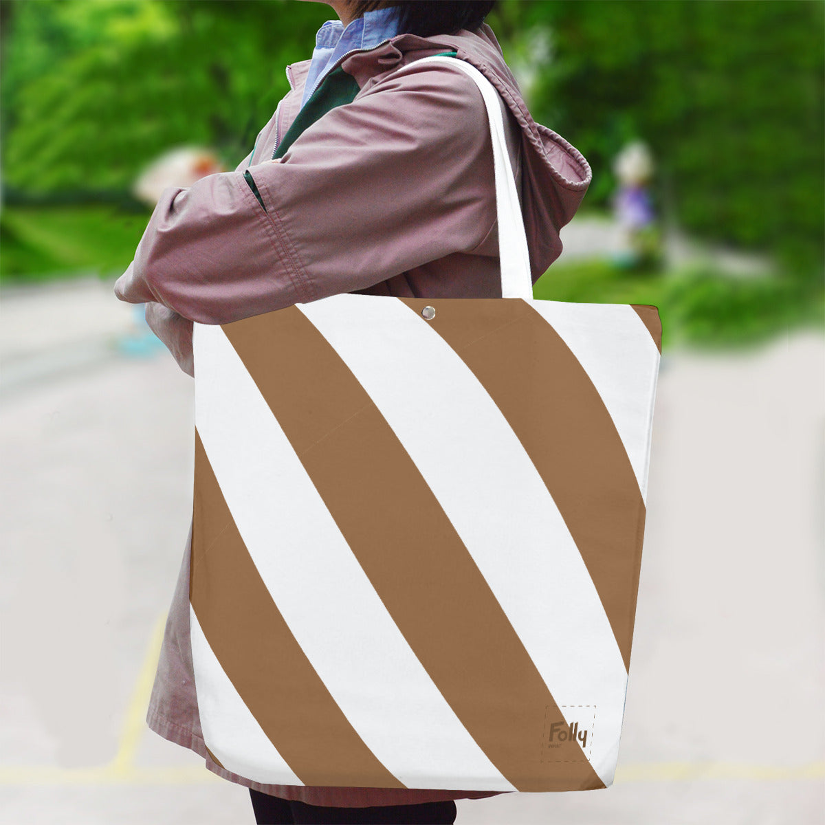 Caution Stripe Canvas Tote: Congac / White