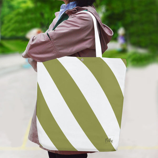 Caution Stripe Canvas Tote: Olive green / White