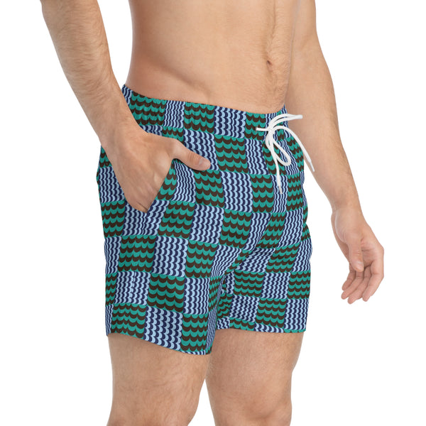 Wave Check Swim Trunks: Blue / Aqua