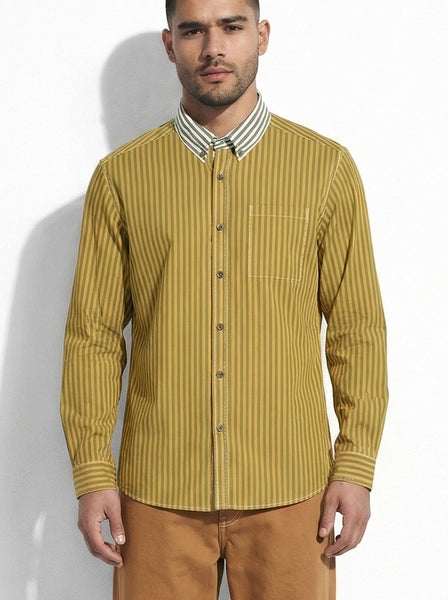 Duo Stripe Long Sleeve Shirt: Olive / Gold