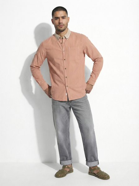Duo Stripe Long Sleeve Shirt: Pink / Camel