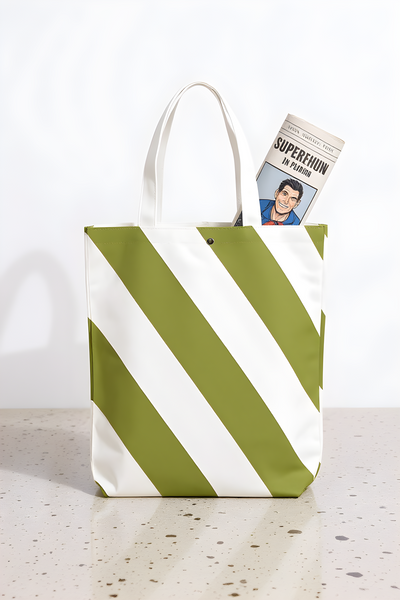Caution Stripe Canvas Tote: Olive green / White