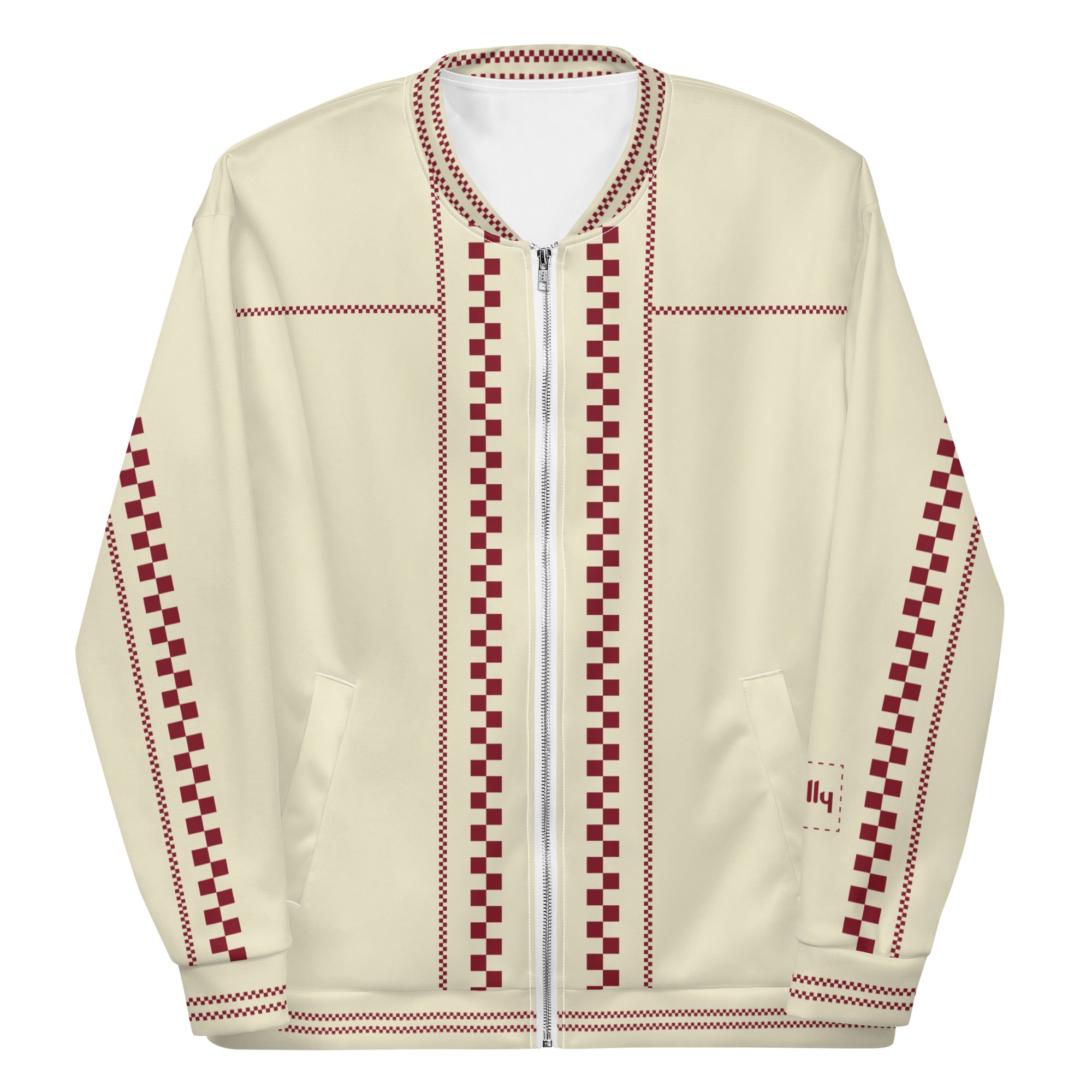 Check Piped Bomber Jacket: Cream / Dark Red