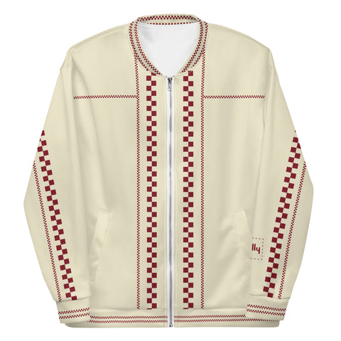 Check Piped Bomber Jacket: Cream / Dark Red