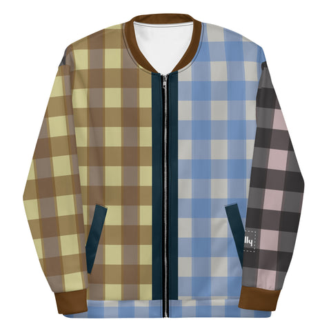 Mixed Plaid Bomber Jacket: Blue / Pink / Yellow