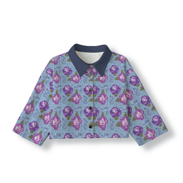 Pixelated Floral Cropped Jacket: Washed Indigo / Grape