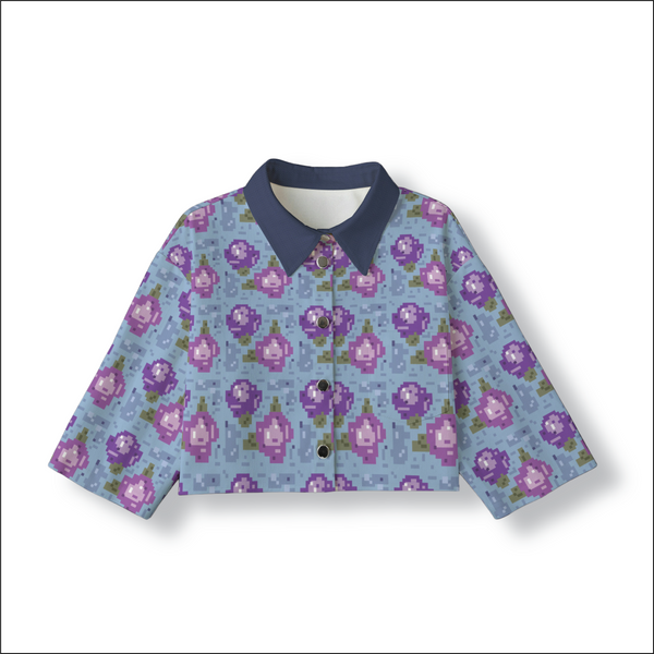 Pixelated Floral Cropped Jacket: Washed Indigo / Grape