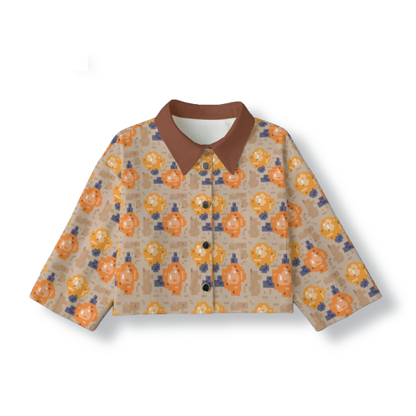 Pixelated Floral Cropped Jacket: Caramel / Mandarin