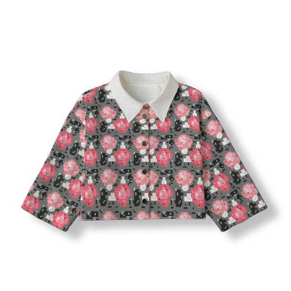 Pixelated Floral Cropped Jacket: Graphite / Sunfade Red