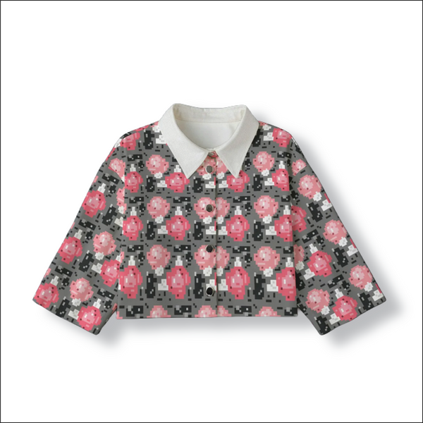 Pixelated Floral Cropped Jacket: Graphite / Sunfade Red