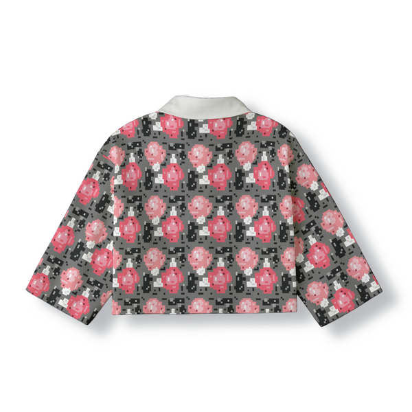 Pixelated Floral Cropped Jacket: Graphite / Sunfade Red