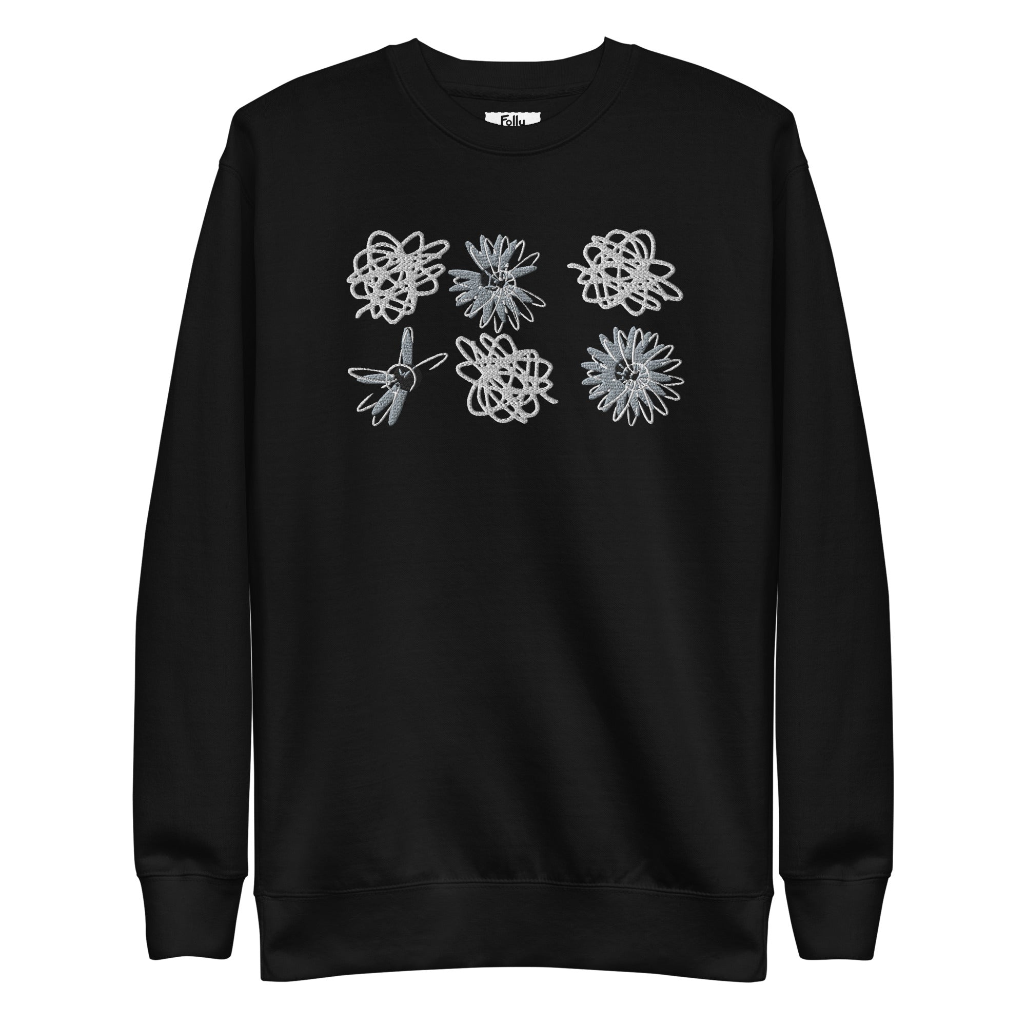 Flower Scribbles Embroidered Sweatshirt: Black